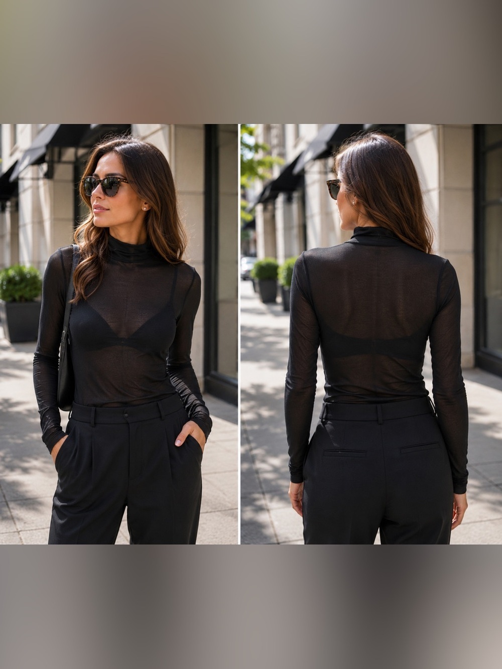 Giorgio Armani Black Sheer Long-Sleeve Mock Neck Top size 46